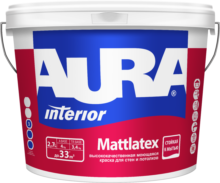 Краска моющаяся для стен и потолков "AURA MATTLATEX" 2,7 База А