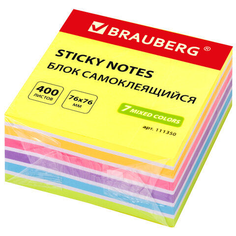 Блок самоклеящийся (стикеры) BRAUBERG неоновый 76х76 мм, 400 листов, 7 цвет