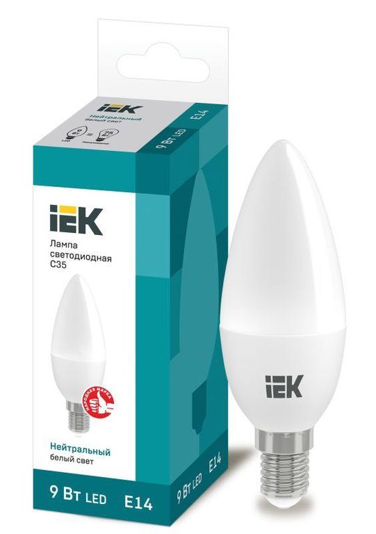 Лампа светодиодная Eco 9 Вт C35 свеча 4000К нейтральный цвет белый E14 230 В IEK LLE-C35-9-230-40-E14