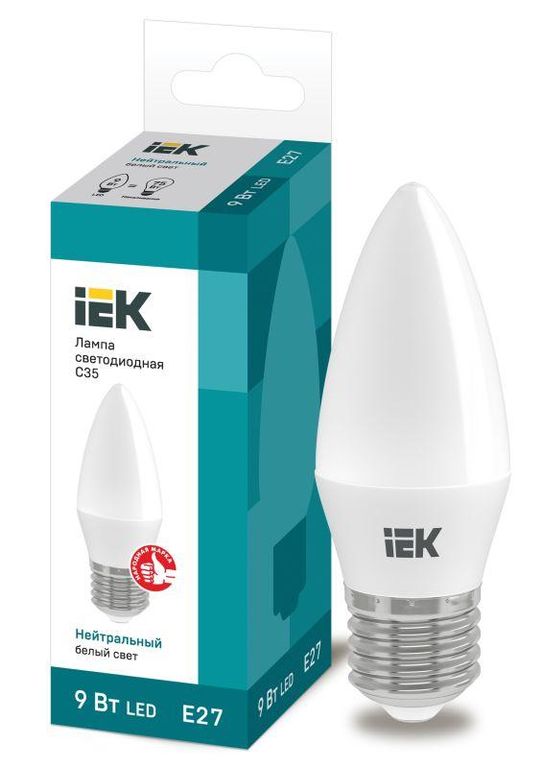 Лампа светодиодная Eco 9 Вт C35 свеча 4000К нейтральный цвет белый E27 230 В IEK LLE-C35-9-230-40-E27