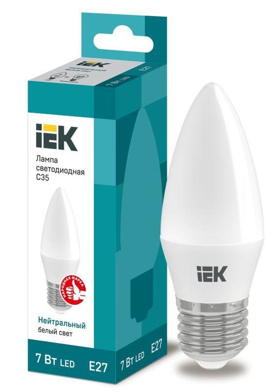 Лампа светодиодная Eco 7 Вт C35 свеча 4000К нейтральный цвет белый E27 230 В IEK LLE-C35-7-230-40-E27
