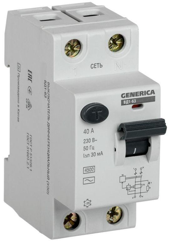 Выключатель дифференциального тока (УЗО) 2п 40 А 30мА тип AC ВД1-63 GENERICA MDV15-2-040-030
