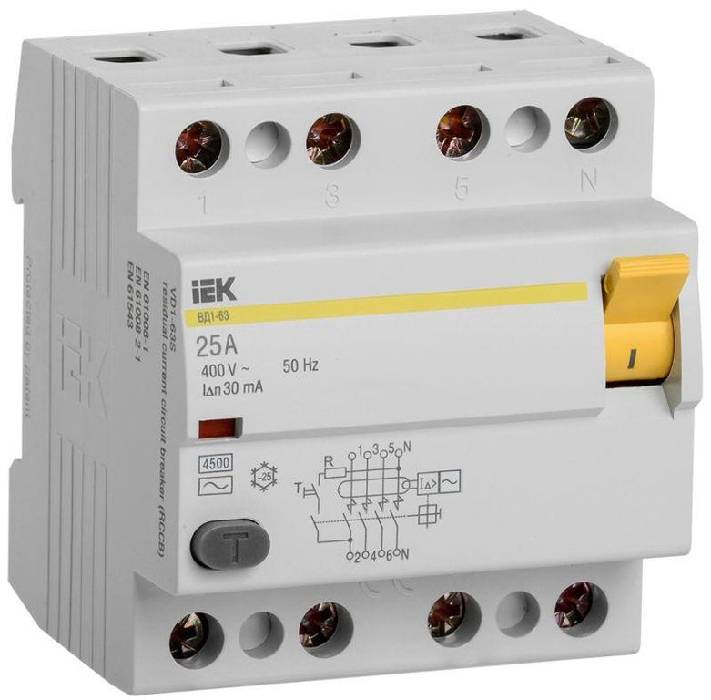 Выключатель дифференциального тока (УЗО) 4п 25 А 30мА тип AC ВД1-63 IEK MDV10-4-025-030