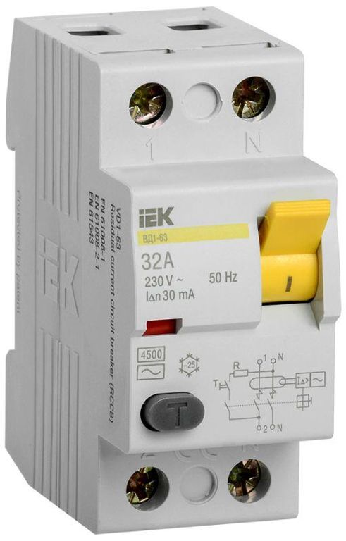 Выключатель дифференциального тока (УЗО) 2п 32 А 30мА тип AC ВД1-63 IEK MDV10-2-032-030