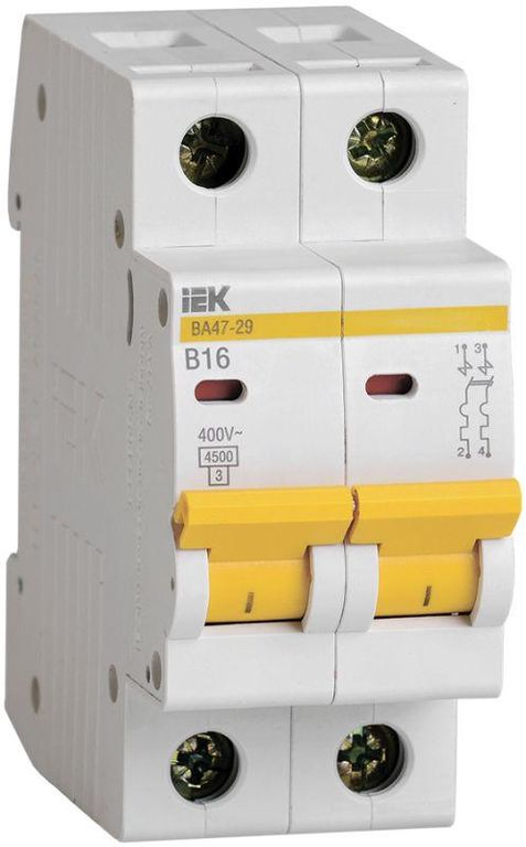 Выключатель автоматический модульный 2п B 16 А 4.5кА ВА47-29 IEK MVA20-2-016-B