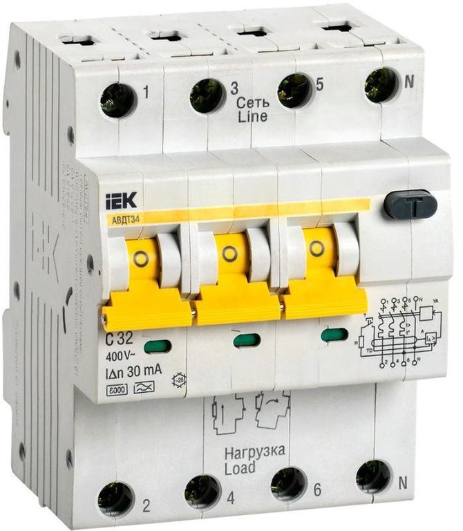 Выключатель автоматический дифференциального тока 4п (3P + N) C 32А 30мА тип A 6кА АВДТ-34 IEK MAD22-6-032-C-30