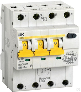 Выключатель автоматический дифференциального тока 4п (3P + N) C 10А 30мА тип A 6кА АВДТ-34 IEK MAd 22-6-010-C-30 