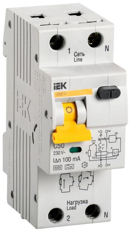 Выключатель автоматический дифференциального тока 2п (1P+N) C 50 А 100мА тип A 6кА АВДТ-32 IEK MAD22-5-050-C-100