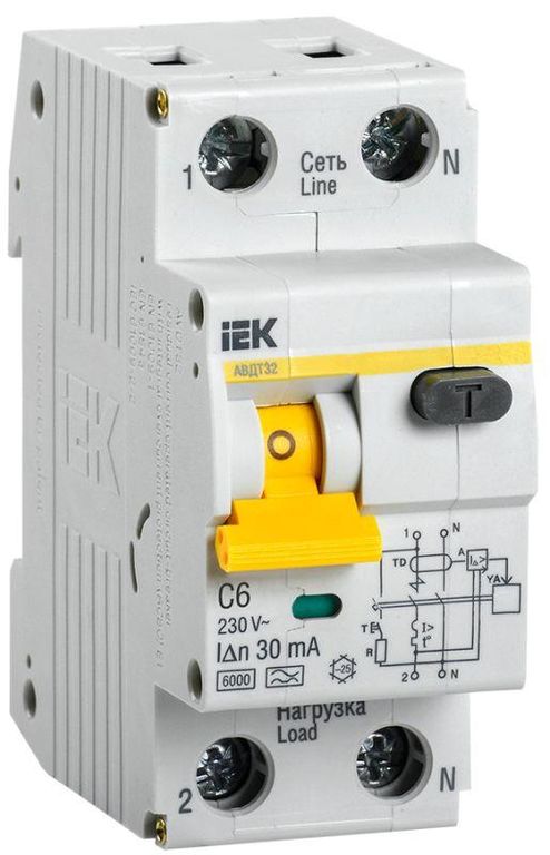 Выключатель автоматический дифференциального тока 2п (1P+N) C 6 А 30мА тип A 6кА АВДТ-32 IEK MAD22-5-006-C-30