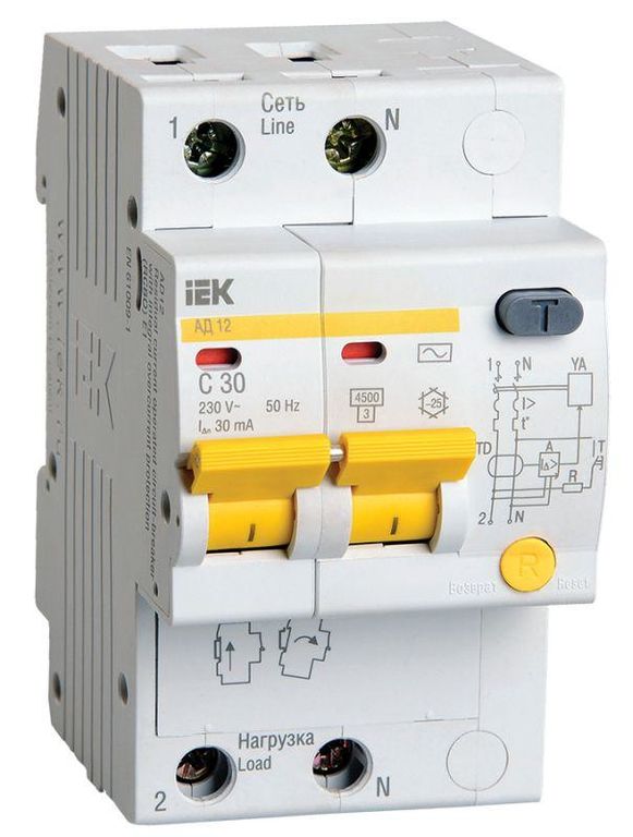 Выключатель автоматический дифференциального тока 2п C 32 А 30мА тип AC 4.5кА АД-12 IEK MAD10-2-032-C-030