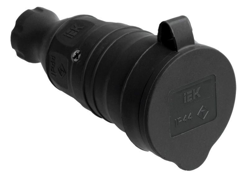 Розетка переносная 1-м Омега РБп13-1-0м IP44 с защитной крышкой с заземлением каучук черный IEK PKR21-016-2-K02