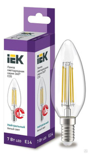 Лампа светодиодная филаментная 360° 7 Вт C35 свеча прозрачная 4000К нейтр. бел. E14 230В IEK LLF-C35-7-230-40-E14-CL 