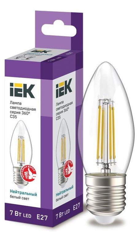 Лампа светодиодная филаментная 360° 7 Вт C35 свеча прозрачная 4000К E27 230 В IEK LLF-C35-7-230-40-E27-CL