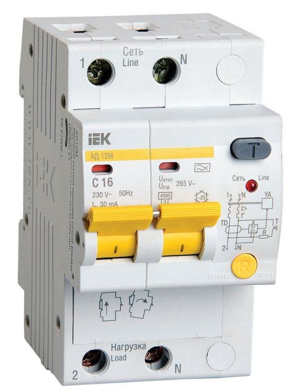Выключатель автоматический дифференциального тока 2п C 16 А 30мА тип A 4.5кА АД-12М IEK MAD12-2-016-C-030
