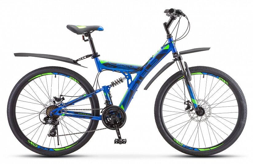 Велосипед двухподвесной STELS Focus MD 27.5 21-sp V010, 19" синий/неоновый/зеленый
