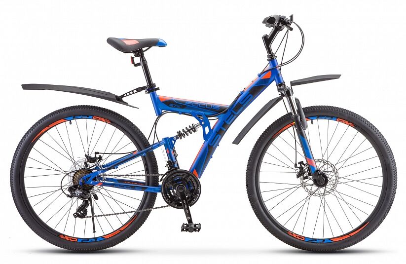Велосипед двухподвесной STELS Focus MD 27.5 21-sp V010, 19" синий/неоновый/красный