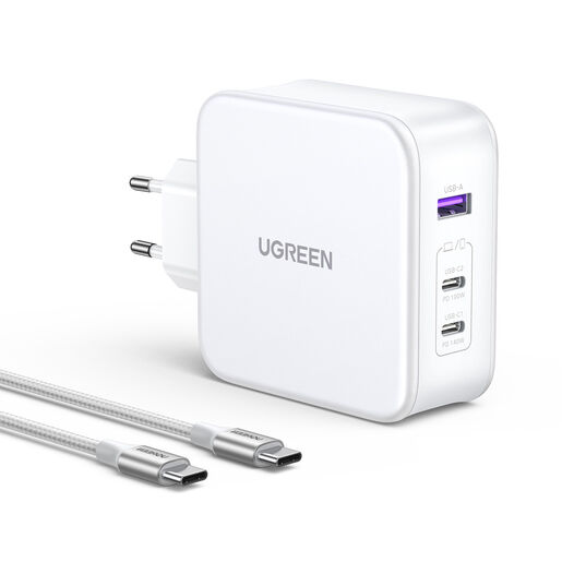 Зарядное устройство UGREEN CD289 Nexode USB-A+2*USB-C 140W GaN Charger с кабелем 2м, белый