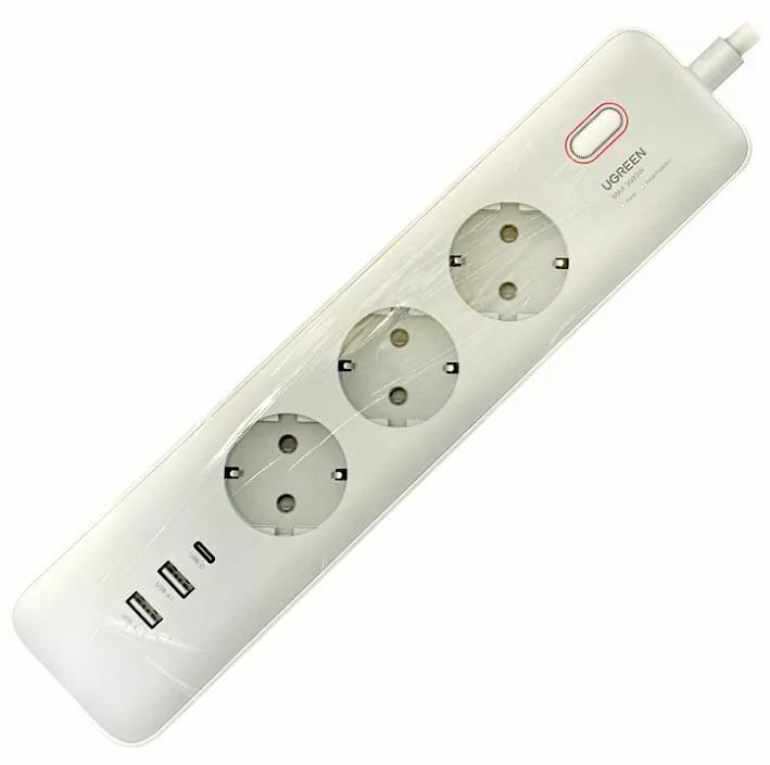 Удлинитель UGREEN CD286 25357 30W 3 AC Power Strip with Master Switch 2A1C RUS, White