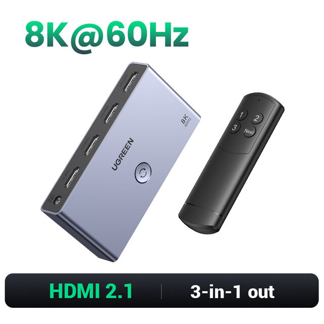 KVM-переключатель UGREEN CM624 15604 HDMI 2.1 Switcher 3-in-1 With USB-A to DC cable 1,5M, Black