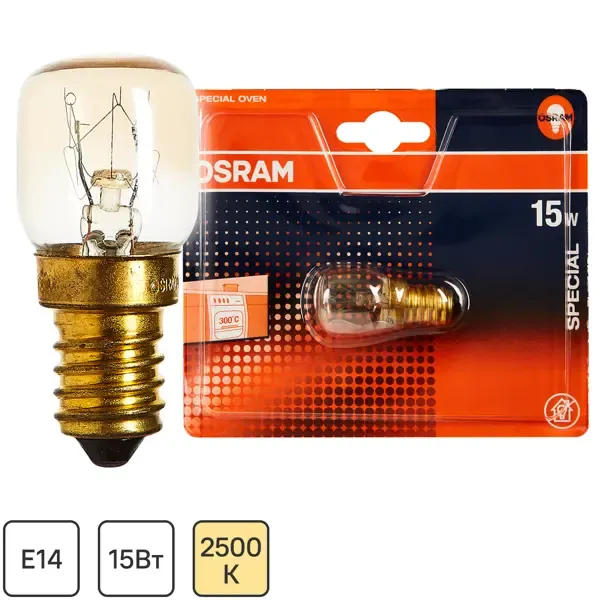 Лампа накаливания для духовки Osram трубчатая E14 15 Вт свет тёплый белый