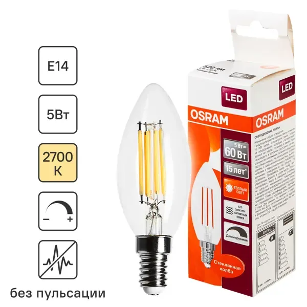 Лампа светодиодная филаментная Osram E14 220 В 5 Вт свеча прозрачная 520 лм тёплый белый свет, для диммера OSRAM LED SUP