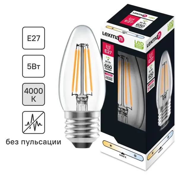 Лампа светодиодная Lexman E27 220-240 В 5 Вт свеча прозрачная 600 лм нейтральный белый свет LEXMAN None