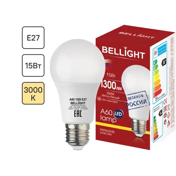 Лампа светодиодная Bellight E27 220-240 В 15 Вт груша 1300 лм теплый белый цвет света BELLIGHT Л-па LED A60 Е27 15W 1300