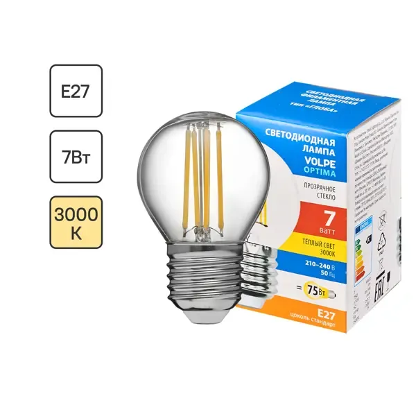 Лампа светодиодная Volpe LEDF E27 220-240 В 7 Вт шар малый прозрачная 750 лм теплый белый свет
