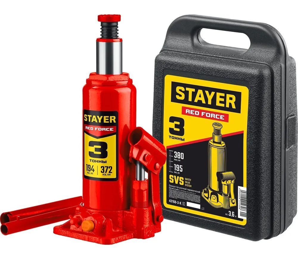 Домкрат бутылочный гидравлический STAYER RED FORCE, 3т, 194-375 мм в кейсе (43160-3-K) Stayer