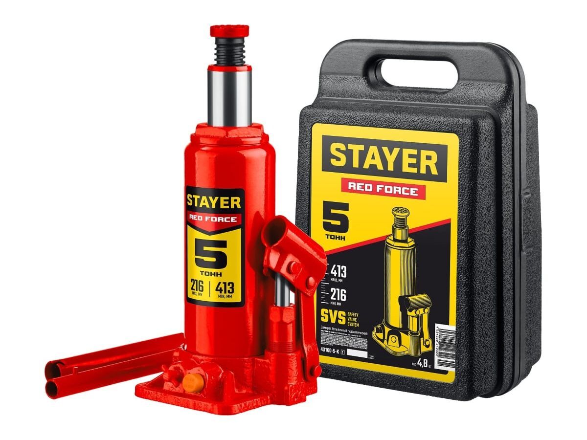 Домкрат бутылочный гидравлический STAYER RED FORCE, 5т, 216-413 мм в кейсе (43160-5-K) Stayer