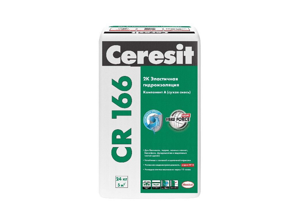 Гидроизоляция двухкомпонентная эластичная цементно-полимерная Ceresit CR 166, компонент А, 24 кг
