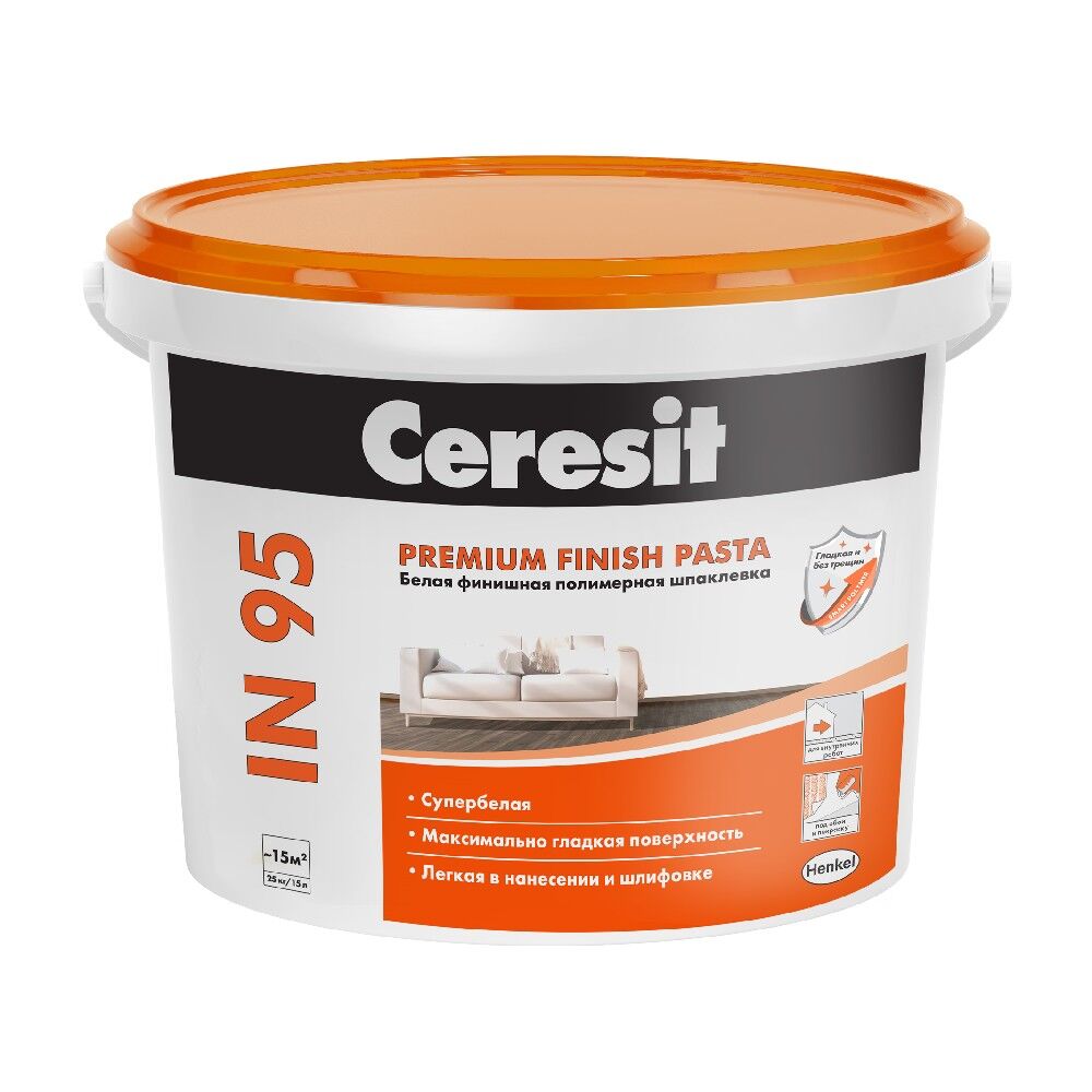 Шпаклевка финишная полимерная Ceresit IN 95, белая, готовая паста для внутренних работ, 25 кг