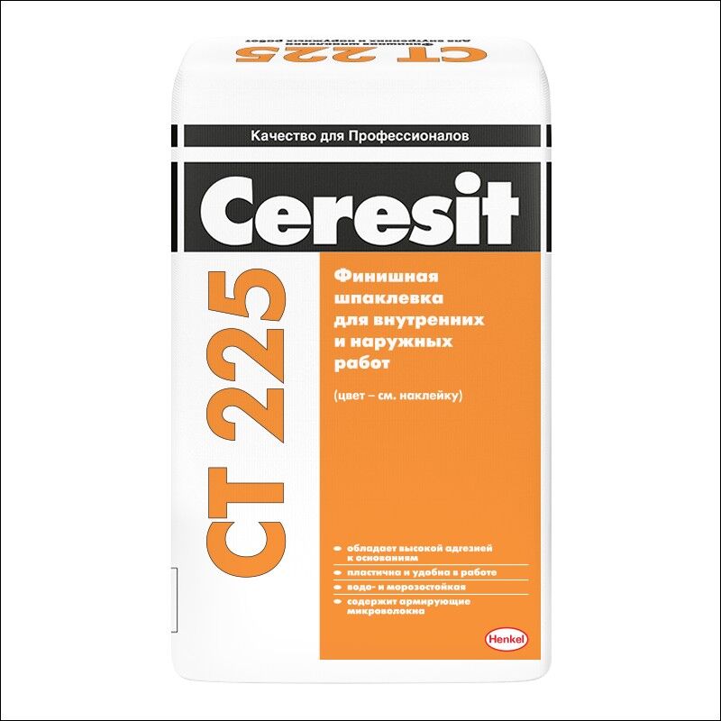 Шпаклевка финишная цементная для наружных и внутренних работ Ceresit CT 225, белая, 25 кг