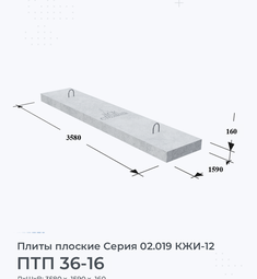 Плита железобетонная плоская ПТП 36-16 Серия 02.019