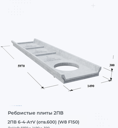 Ребристая плита 2ПВ 6-4 АтV (отв.600) (W8 F150) 600х400 мм