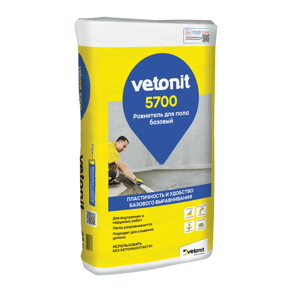 Ровнитель для пола Vetonit 5700 базовый для внутренних/наружных работ, 25 кг, бумажный мешок, 48 шт/пал