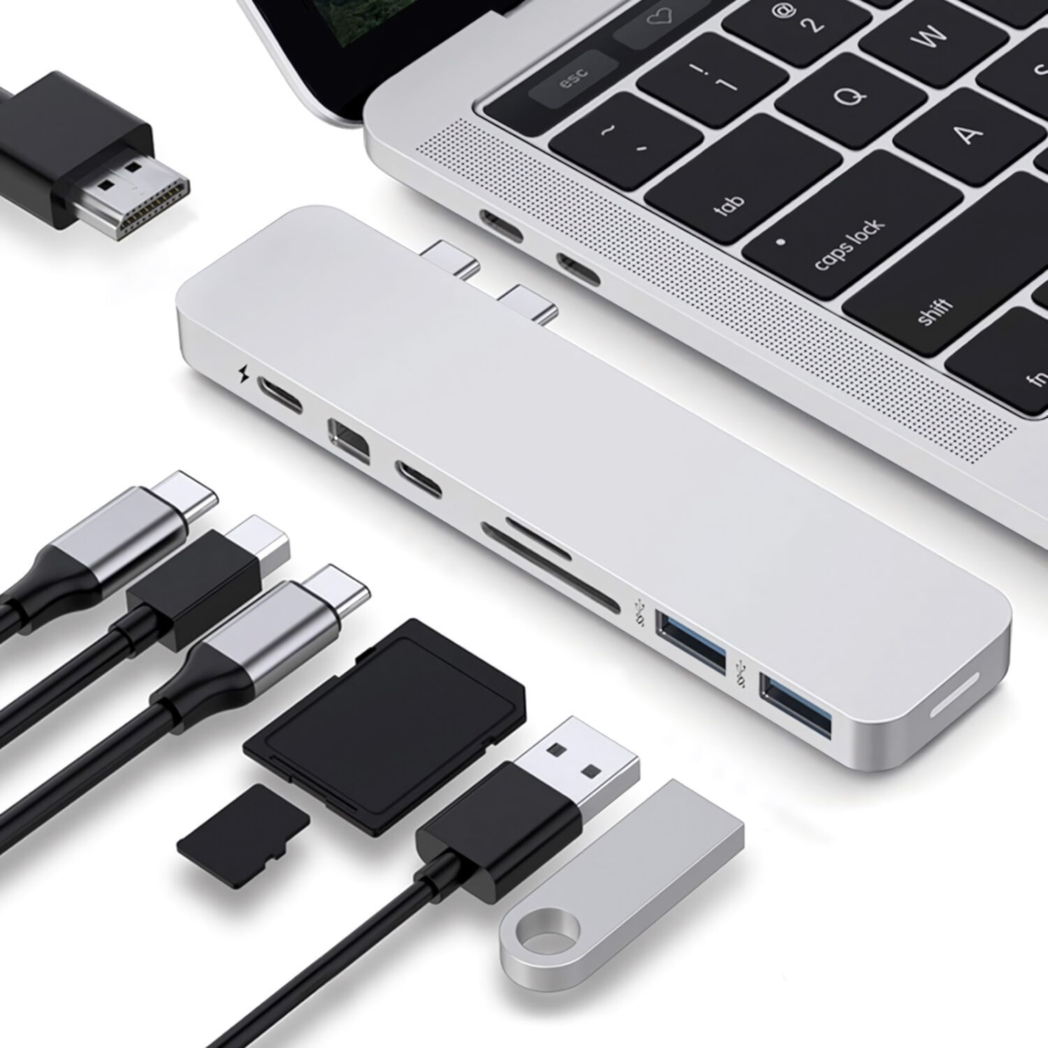 Адаптер сдвоенный Type C на HDMI, USB 3.0*2 + Type C* 2 + SD/TF для MacBook Переходники для ноутбуков