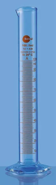 Цилиндр, градуир., с односторонней метрической шкалой,с носиком, класс A 50 мл, интервал градуир.1.0