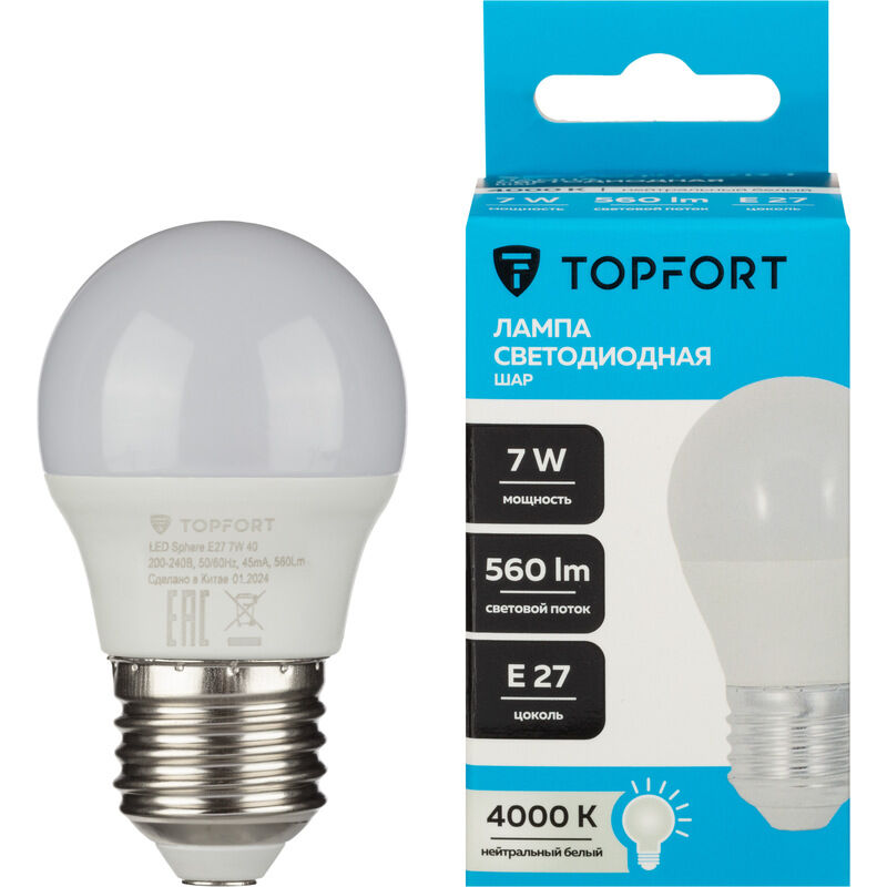 Лампа светодиодная TOPFORT 7 Вт E27 (G, 4000 K, 560 Лм, 220 В)