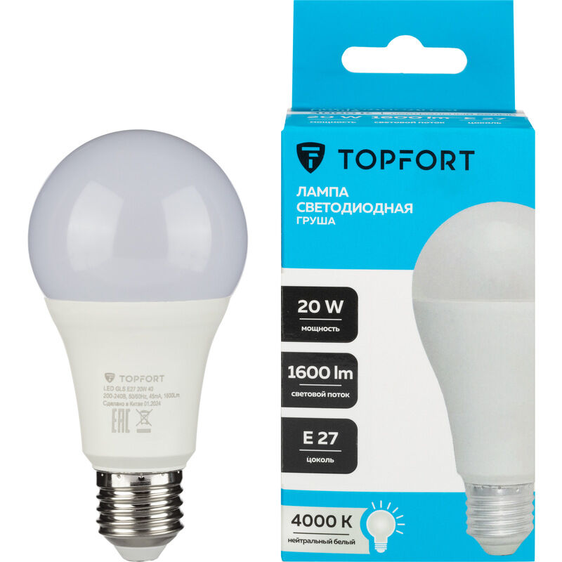 Лампа светодиодная TOPFORT 20 Вт E27 (A, 4000 K, 1600 Лм, 220 В)
