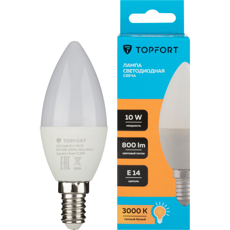 Лампа светодиодная TOPFORT 10 Вт E14 (С, 3000 K, 800 Лм, 220 В)