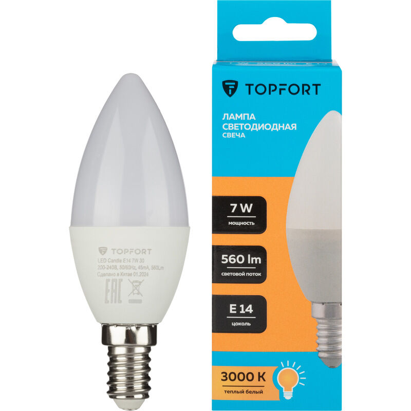 Лампа светодиодная TOPFORT 7 Вт E14 (C, 3000 K, 560 Лм, 220 В)