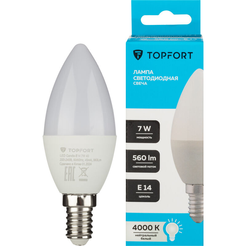 Лампа светодиодная TOPFORT 7 Вт E14 (C, 4000 K, 560 Лм, 220 В)