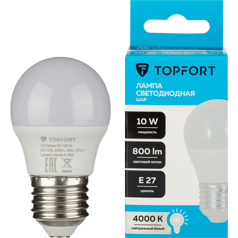 Лампа светодиодная TOPFORT 10 Вт E27 (G, 4000 K, 800 Лм, 220 В)