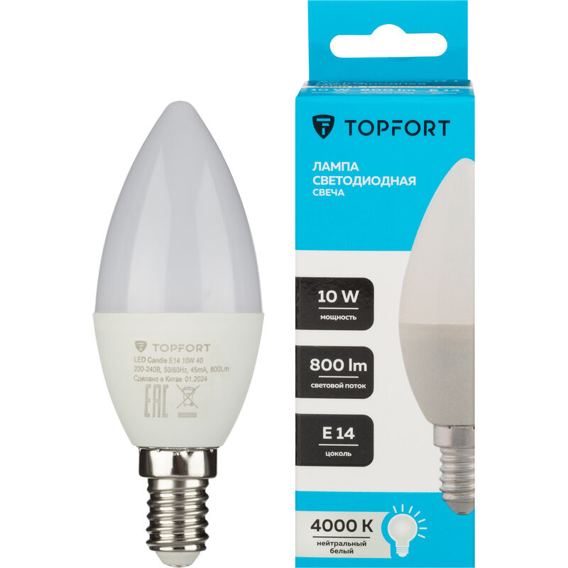 Лампа светодиодная TOPFORT 10 Вт E14 (С, 4000 K, 800 Лм, 220 В)
