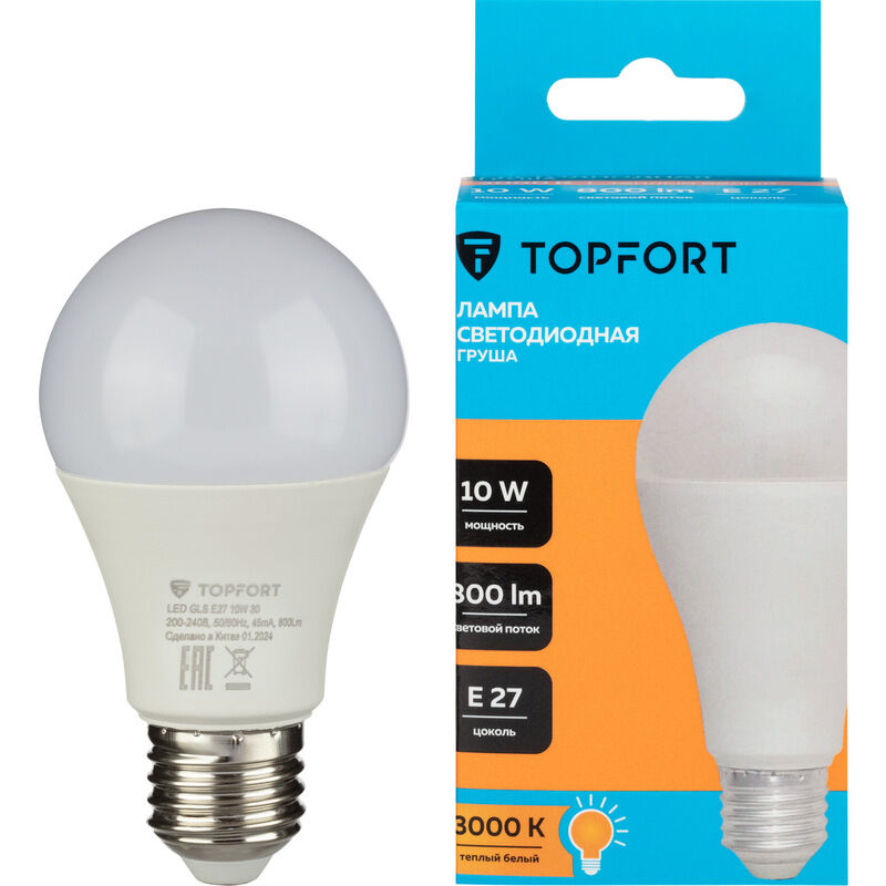 Лампа светодиодная TOPFORT 10 Вт E27 (A, 3000 K, 800 Лм, 220 В)