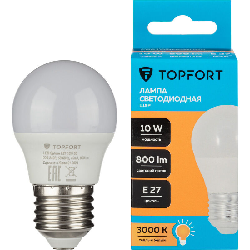 Лампа светодиодная TOPFORT 10 Вт E27 (G, 3000 K, 800 Лм, 220 В)