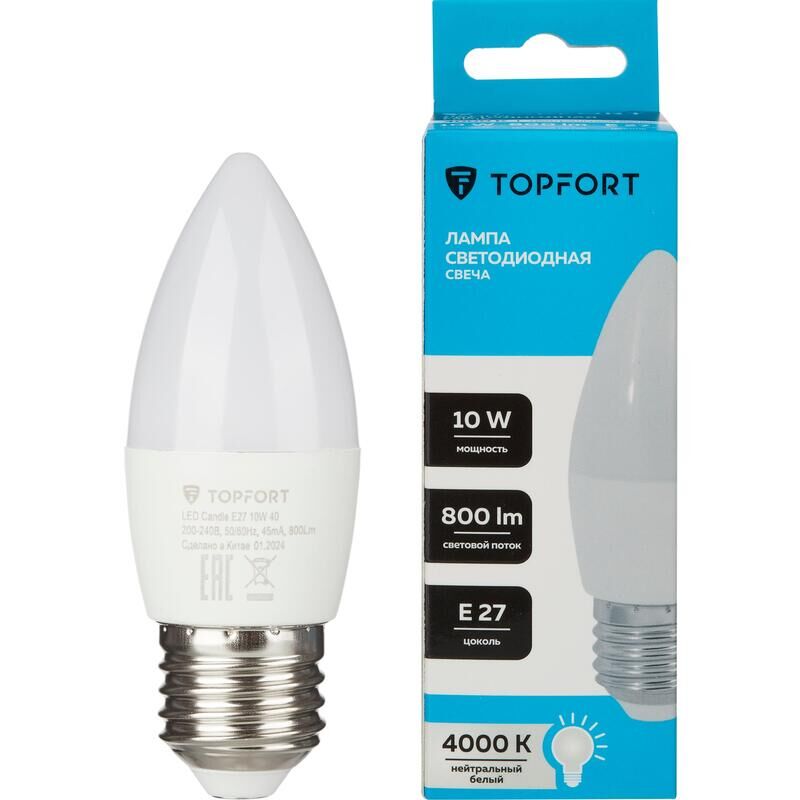 Лампа светодиодная TOPFORT 10 Вт E27 (С, 4000 K, 800 Лм, 220 В)