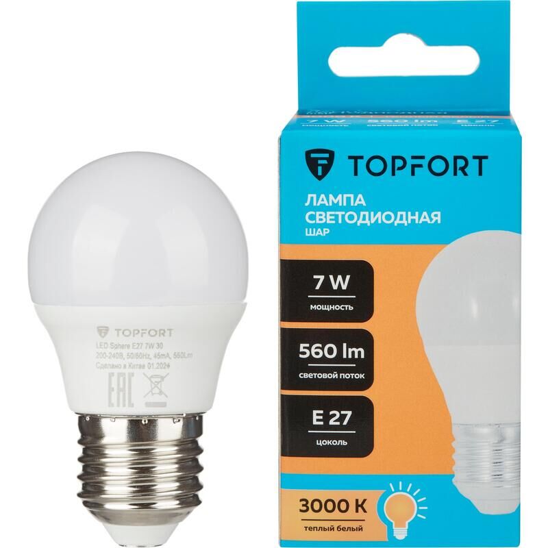 Лампа светодиодная TOPFORT 7 Вт E27 (G, 3000 K, 560 Лм, 220 В)
