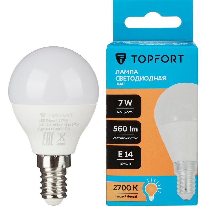 Лампа светодиодная TOPFORT 7 Вт E14 (G, 2700 K, 560 Лм, 220 В)